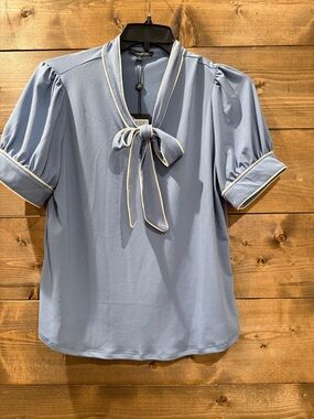 Adrianna Papell Powder Blue Bow Tie Puff Sleeve Blouse